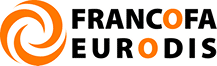 FRANCOFA EURODIS : Le logo dynamique orange. Logo FRANCOFA EURODIS. Symbole tourbillonnant orange vif. Texte noir, avec les lettres O de FRANCOFA et EURODIS en orange.