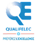 Logo QUALIFELEC - Certification Électrique et Excellence Logo stylisé Q-E bleu et blanc de QUALIFELEC. Slogan affiché : « MAÎTRISEZ L'EXCELLENCE ». Symbole de certification électrique.