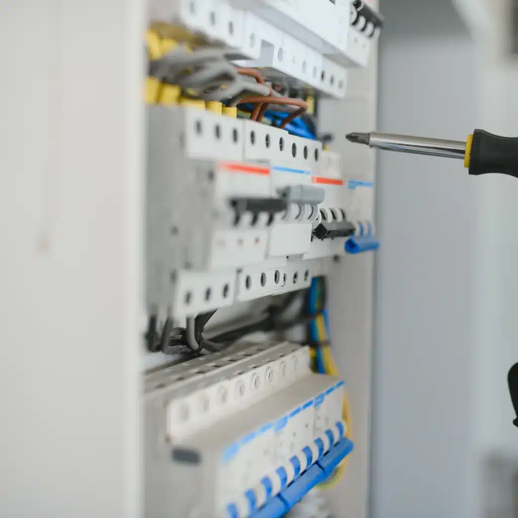 Tableau électrique : installation des disjoncteurs et câblage. Installation d'un tableau électrique : un tournevis est utilisé près des bornes de disjoncteurs modulaires et du câblage interne.
